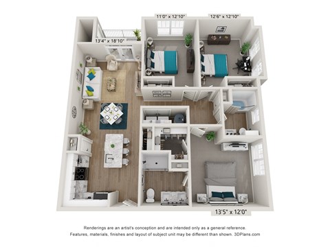 Floor plan for 3 beds, 2 baths, 1315 sqft